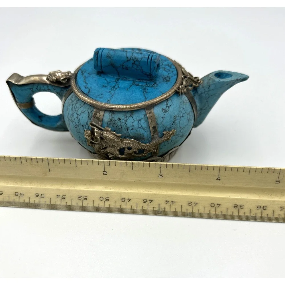 Oriental Turquoise Miniature Teapot with Silver Accents Dragon Phoenix